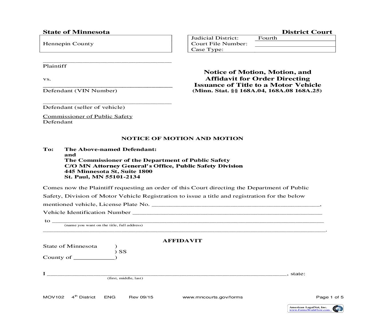 Notice Of Motion - Motion And Affidavit For Order Directing Issuance Of Title {MOV102} |  Docx | Minnesota