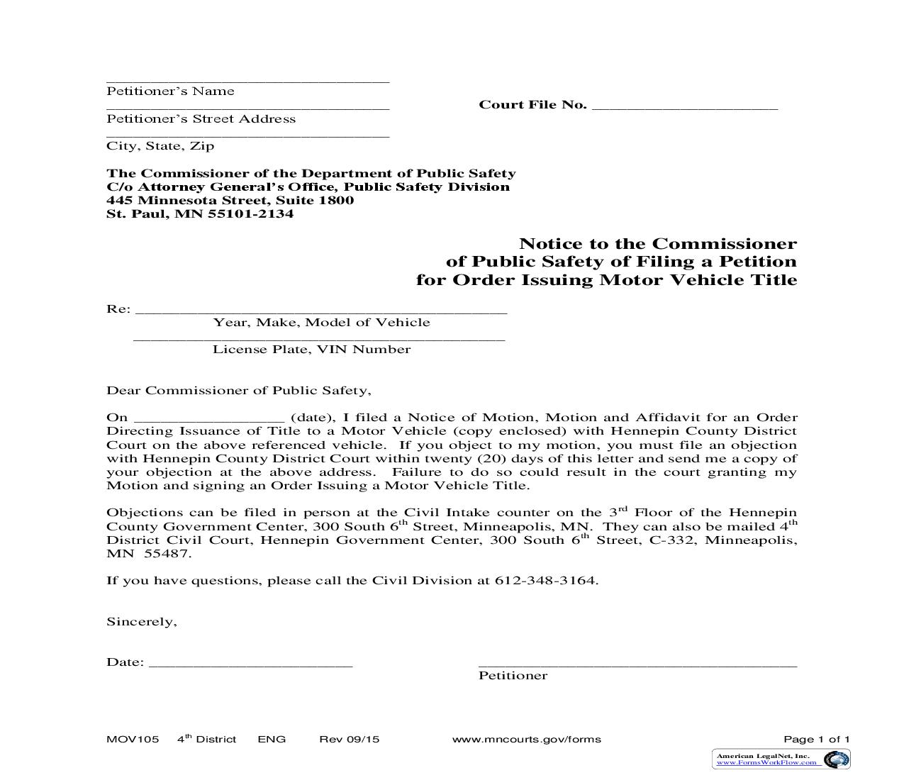 Notice To The Commissioner Of Public Safety Of Filing A Petition For Order {MOV105} |  Docx | Minnesota
