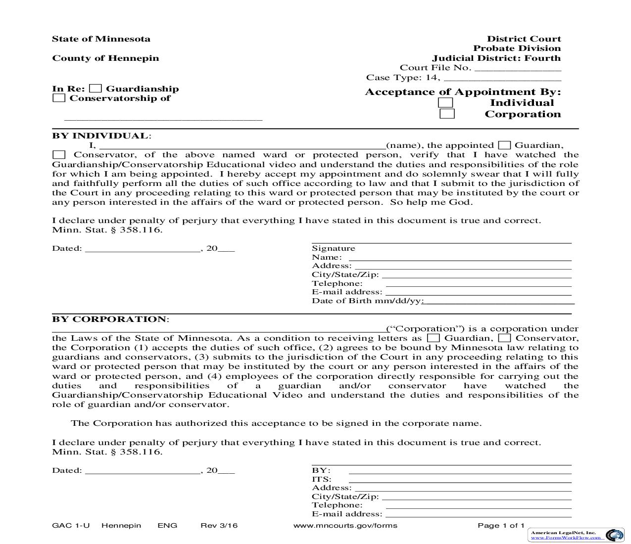 Acceptance Of Appointment {GAC 1-U} | Pdf Fpdf Doc Docx | Minnesota