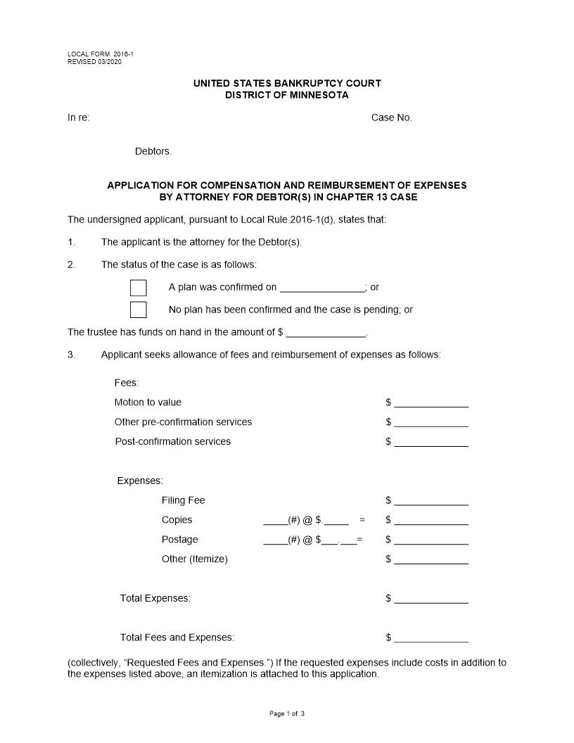 Application For Compensation And Reimbursement Of Expenses By Attorney For Debtors {2016-1} | Pdf Fpdf Docx | Minnesota