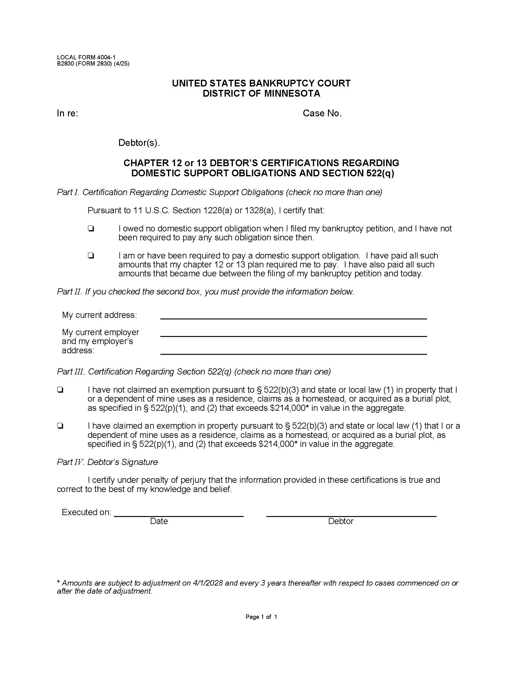 Chapter 12 Or 13 Debtors Certifications Regarding Domestic {4004-1} | Pdf Fpdf Docx | Minnesota