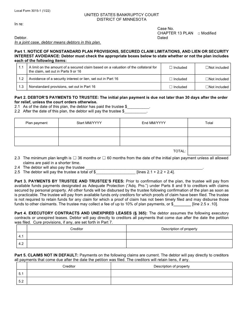 Chapter 13 Plan {3015-1} | Pdf Fpdf Docx | Minnesota