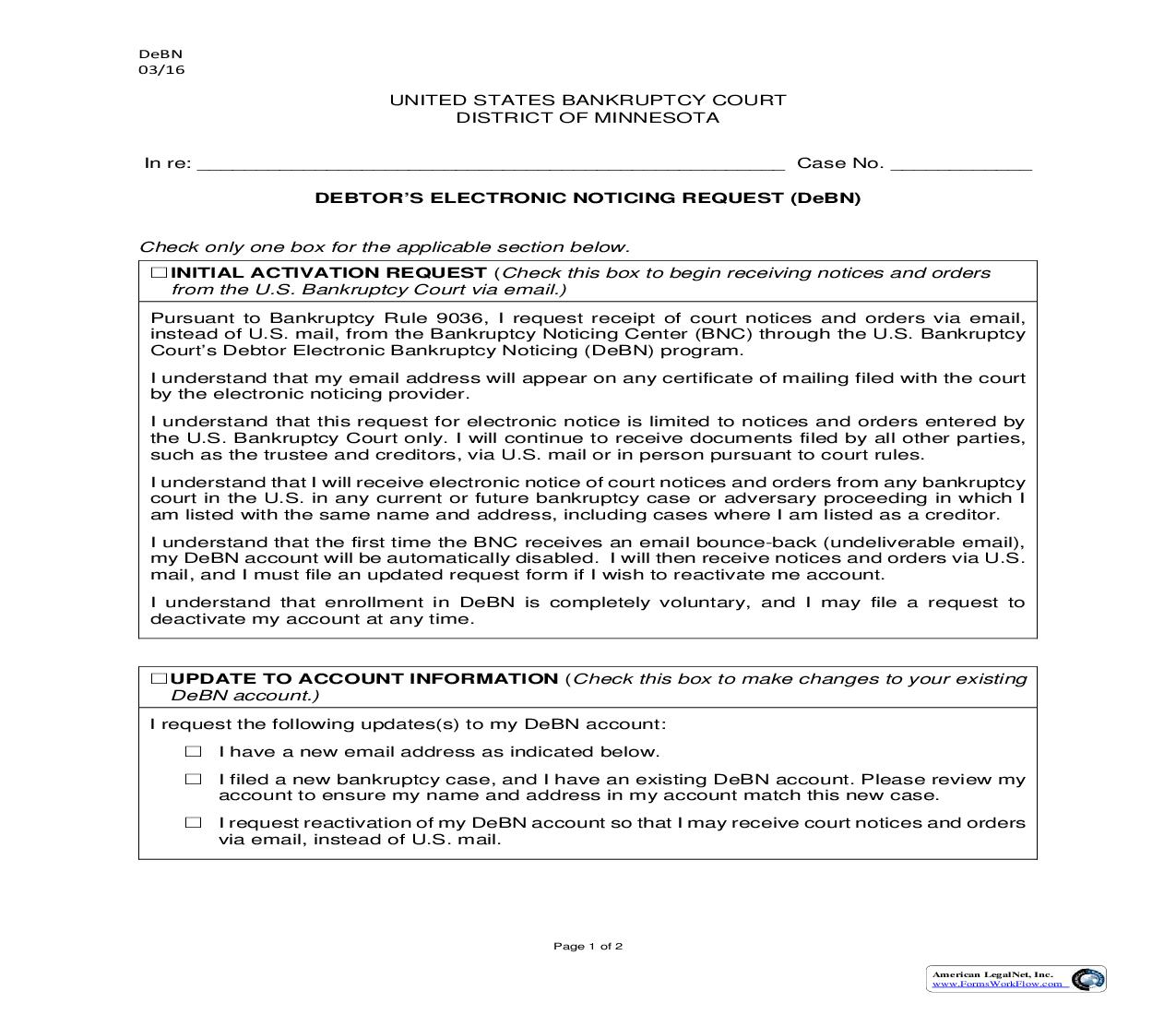 Debtors Electronic Noticing Request (DeBN) {DeBN} | Pdf Fpdf Doc Docx | Minnesota