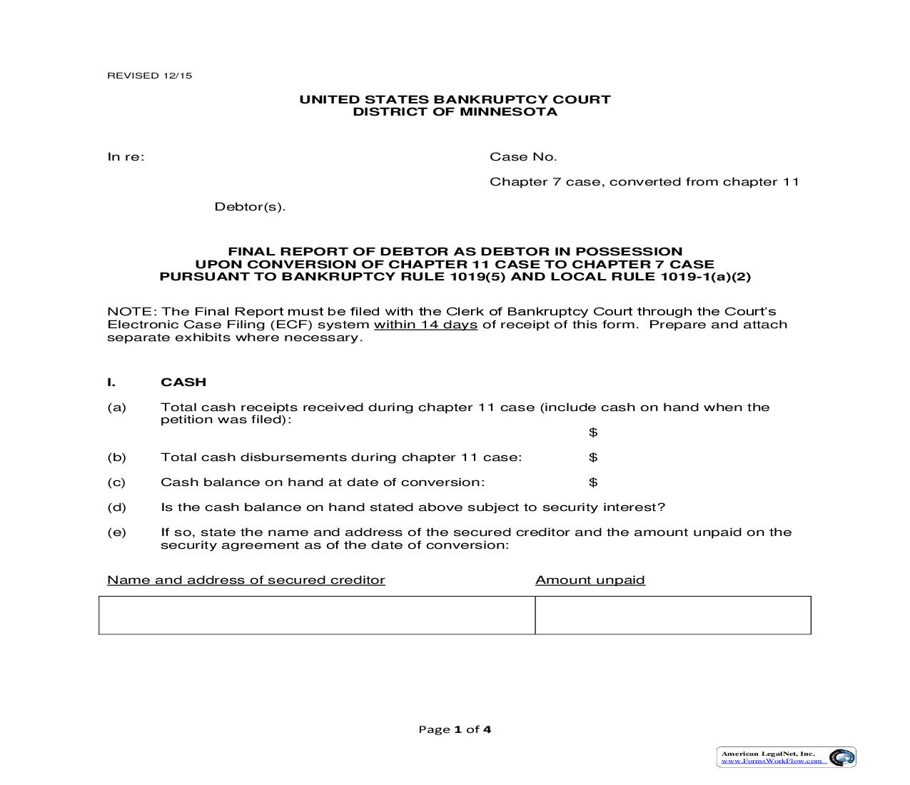 Final Report Of Debtor As Debtor In Possession Upon Conversion | Pdf Fpdf Doc Docx | Minnesota