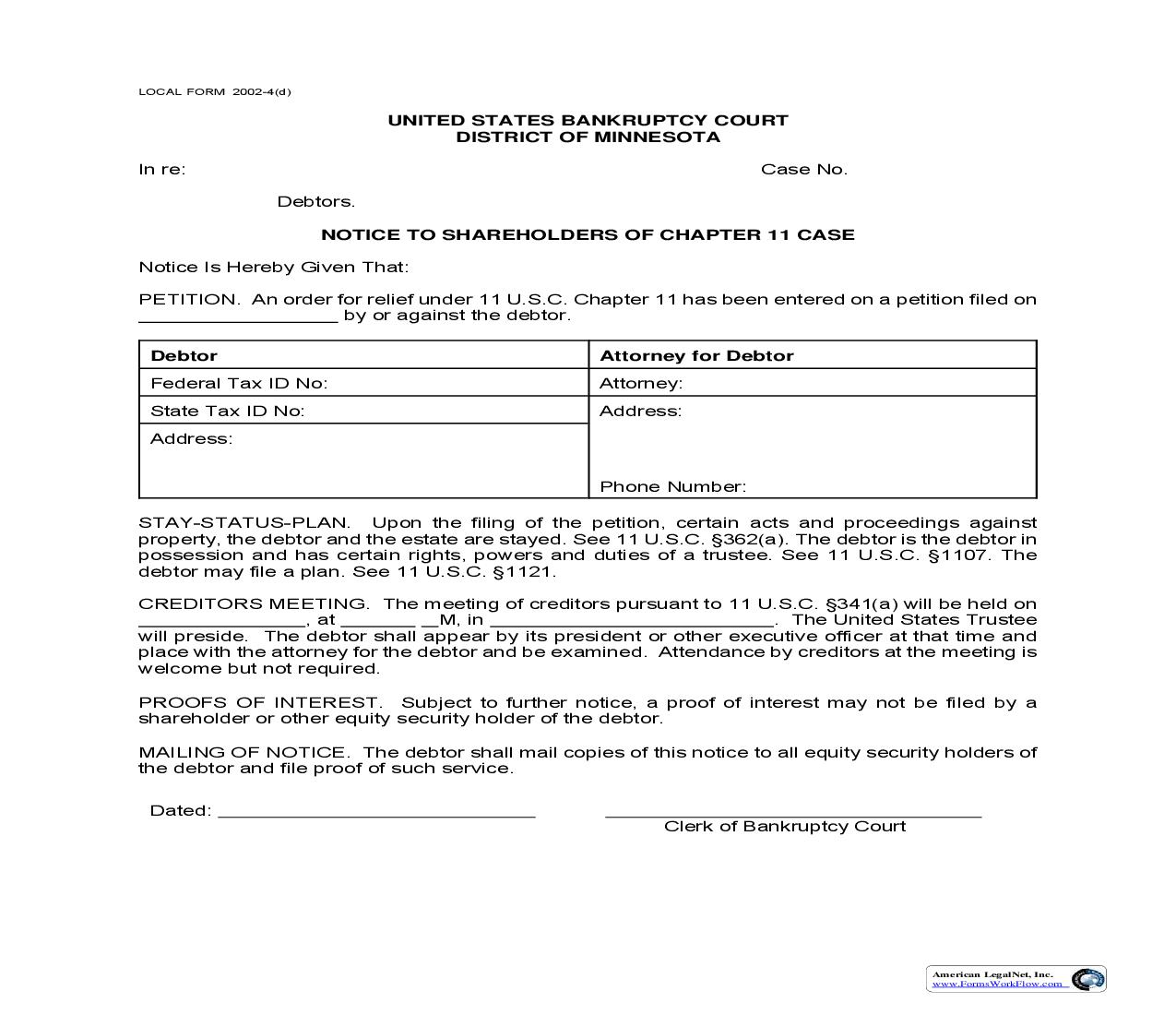 Notice Of Case To Equity Security Holders (Sample And Form) {2002-4(d)} | Pdf Fpdf Doc Docx | Minnesota