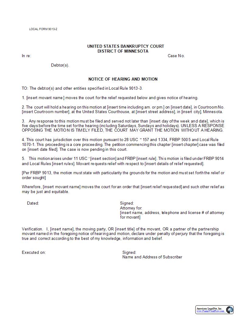 Notice Of Hearing And Motion {9013-2} | Pdf Fpdf Docx | Minnesota