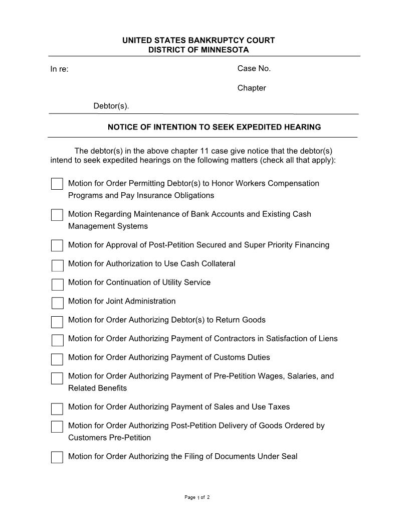 Notice Of Intention To Seek Expedited Hearing (Chapter 11) | Pdf Fpdf Doc Docx | Minnesota