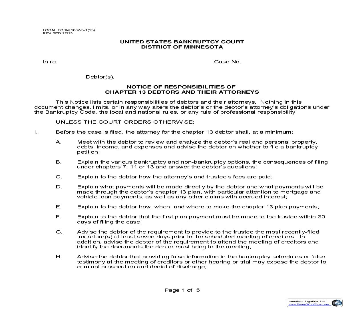 Notice Of Responsibilities Of Chapter 13 Debtors And Their Attorneys {1007-3-1(13)} | Pdf Fpdf Doc Docx | Minnesota