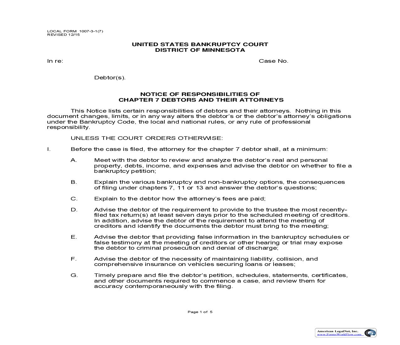 Notice Of Responsibilities Of Chapter 7 Debtors And Their Attorneys {1007-3-1(7)} | Pdf Fpdf Doc Docx | Minnesota