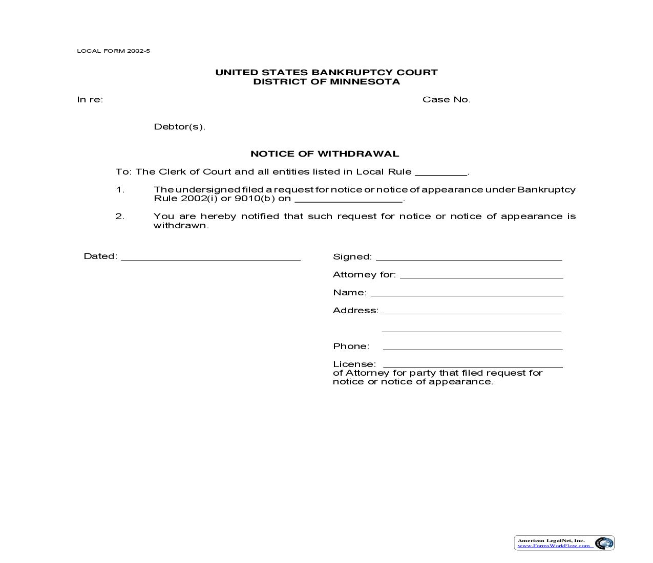 Notice Of Withdrawal (Sample And Form) {2002-5} | Pdf Fpdf Doc Docx | Minnesota