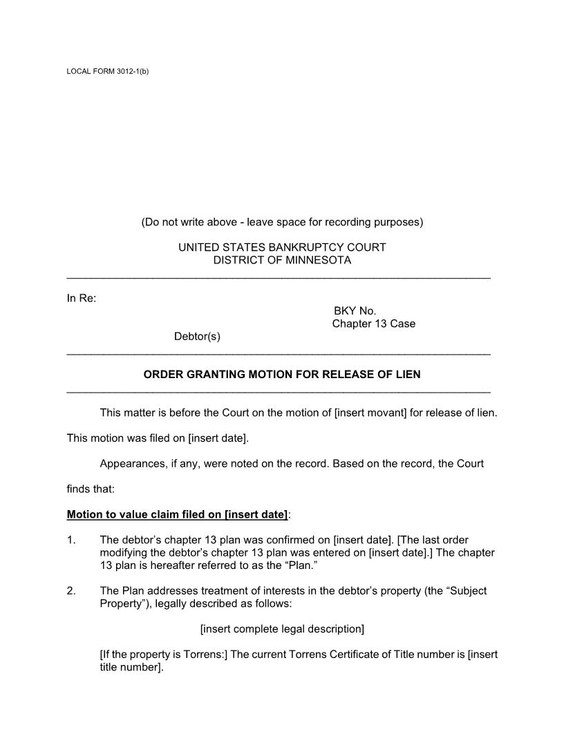 Order Granting Motion For Release Of Lien (Chapter 13) {3012-1(b)} | Pdf Fpdf Doc Docx | Minnesota