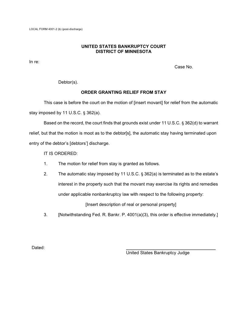Order Granting Relief From Stay (post-discharge) {4001-2(b)} | Pdf Fpdf Doc Docx | Minnesota