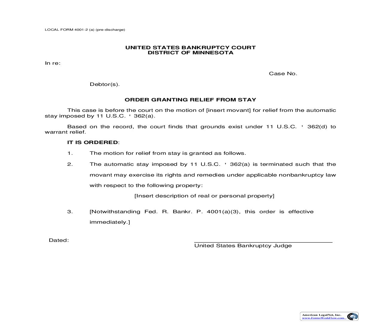 Order Granting Relief From Stay (pre-discharge) {4001-2(a)} | Pdf Fpdf Doc Docx | Minnesota
