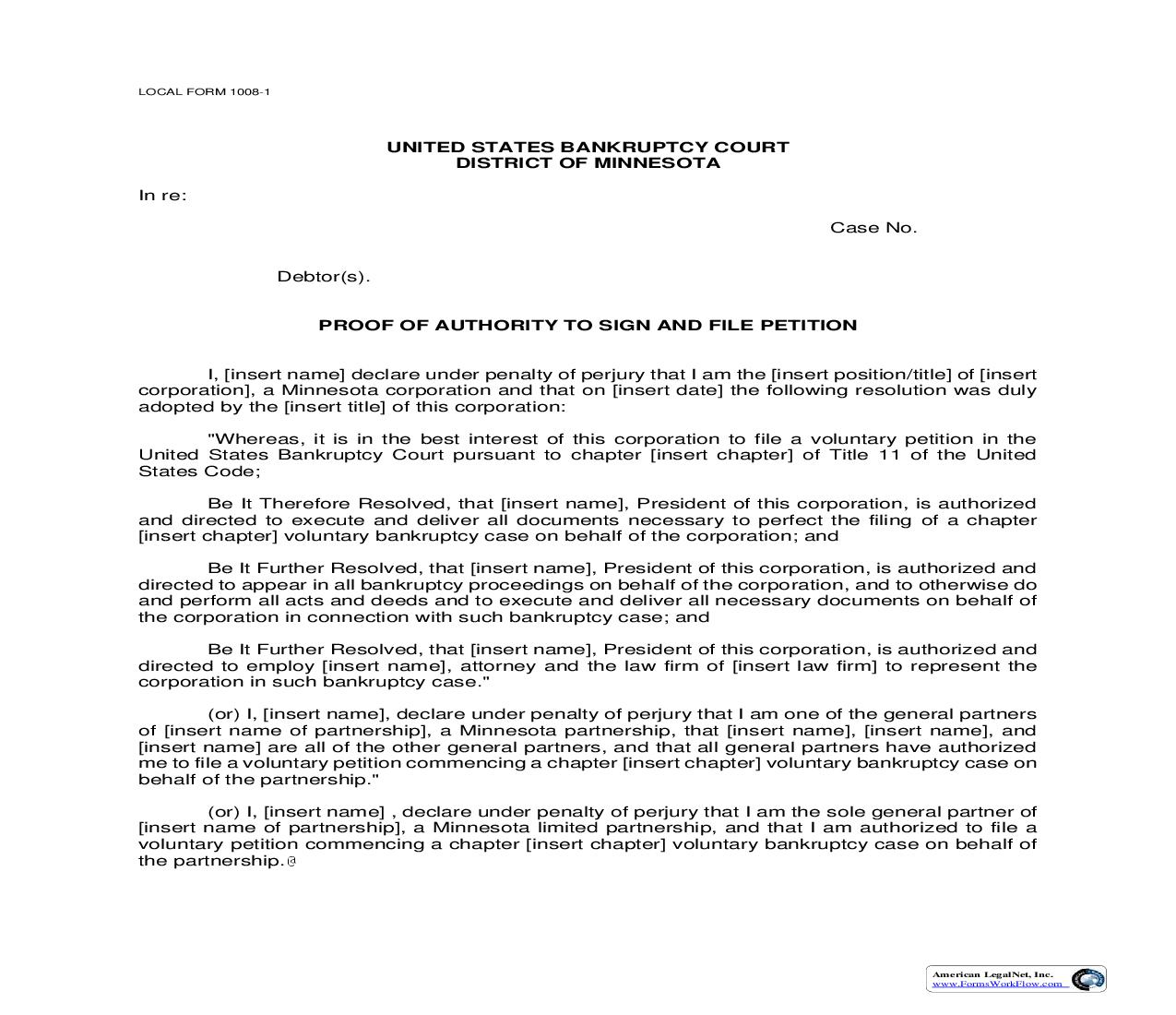 Proof Of Authority To Sign And File Petition {1008-1} | Pdf Fpdf Doc Docx | Minnesota