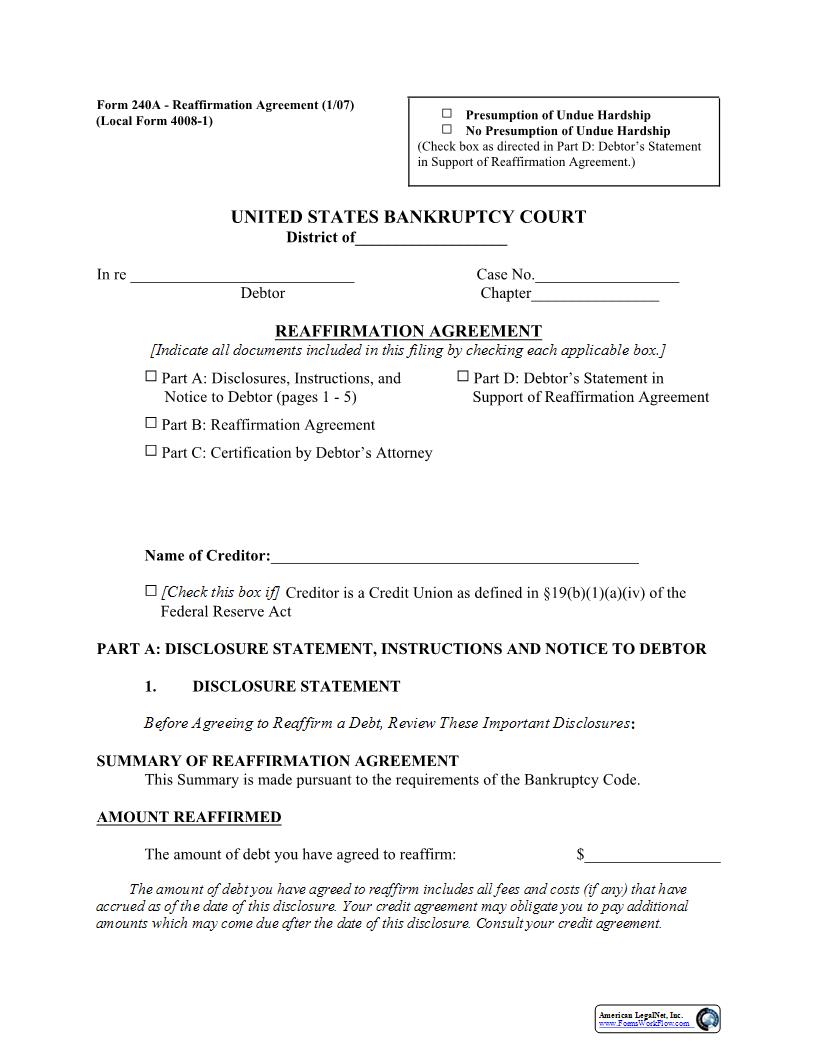 Reaffirmation Agremeement {4008-1a} | Pdf Fpdf Docx | Minnesota