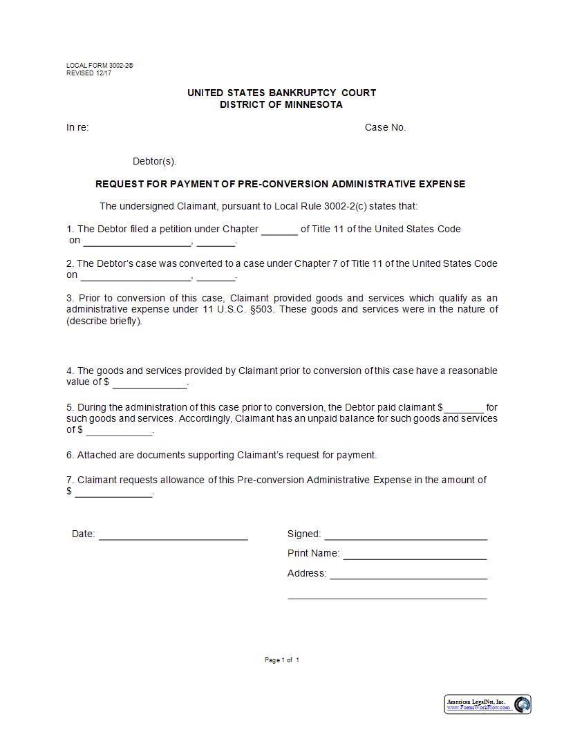 Request For Payment Of Pre-Conversion Administrative Expense {3002-2(c)} | Pdf Fpdf Docx | Minnesota