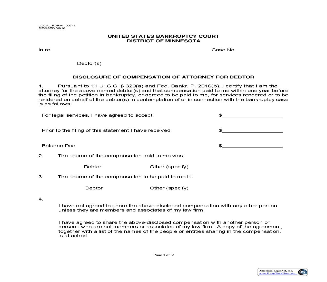 Statement Of Compensation By Debtors Attorney {1007-1} | Pdf Fpdf Doc Docx | Minnesota