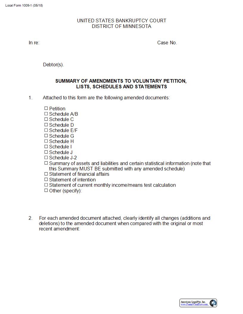 Summary Of Amendments To Voluntary Petition Lists Schedules And Statements {1009-1} | Pdf Fpdf Docx | Minnesota
