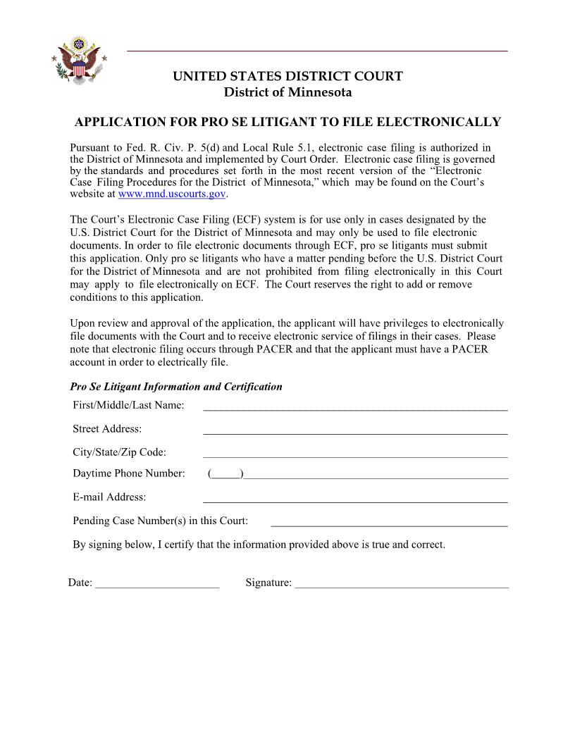 Application For Pro Se Litigant To File Electronically | Pdf Fpdf Docx | Minnesota
