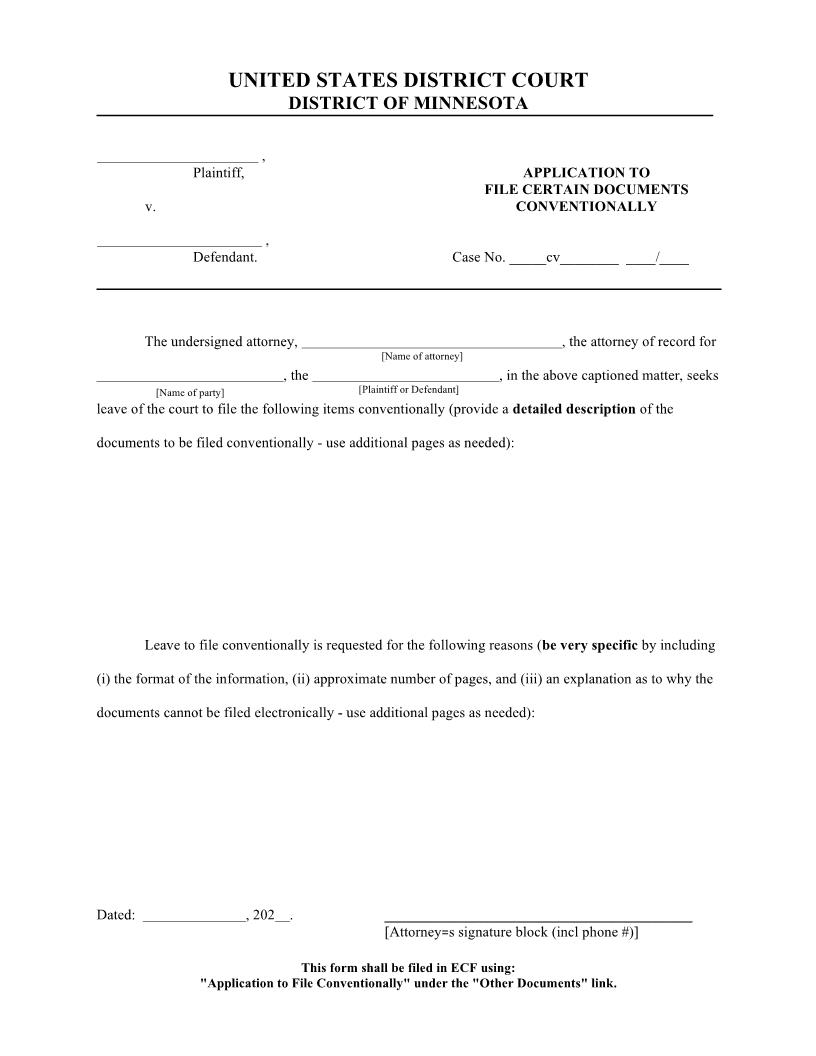 Application To File Certain Documents Conventionally | Pdf Fpdf Doc Docx | Minnesota