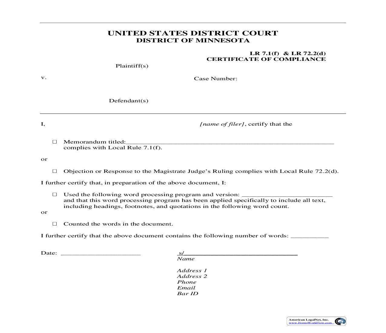 Certificate Of Compliance | Pdf Fpdf Doc Docx | Minnesota