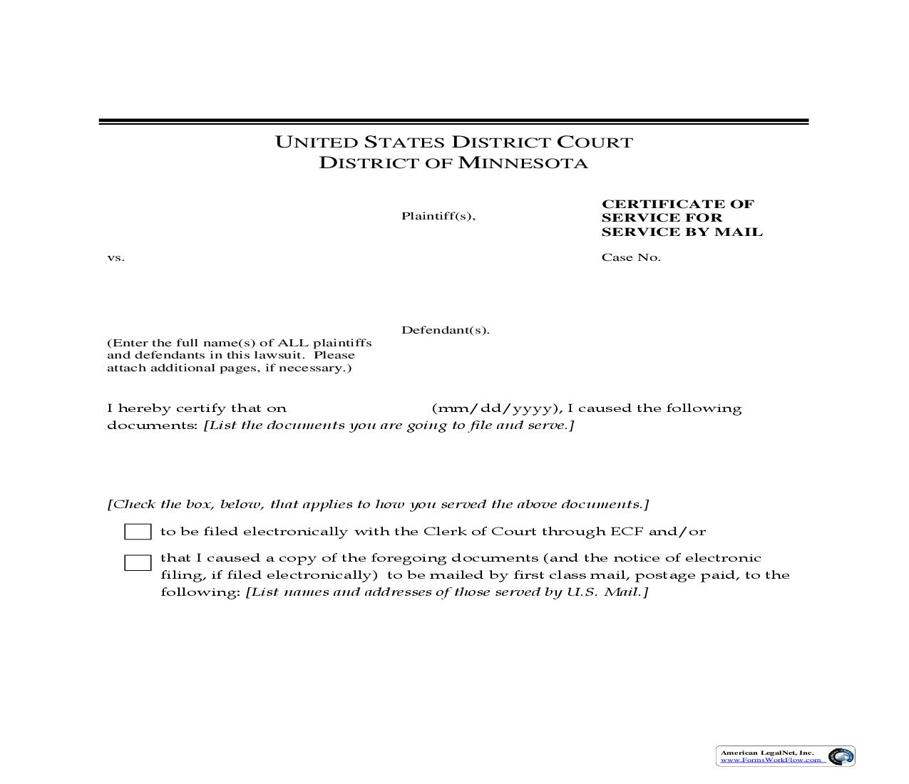 Certificate Of Service For Service By Mail | Pdf Fpdf Doc Docx | Minnesota