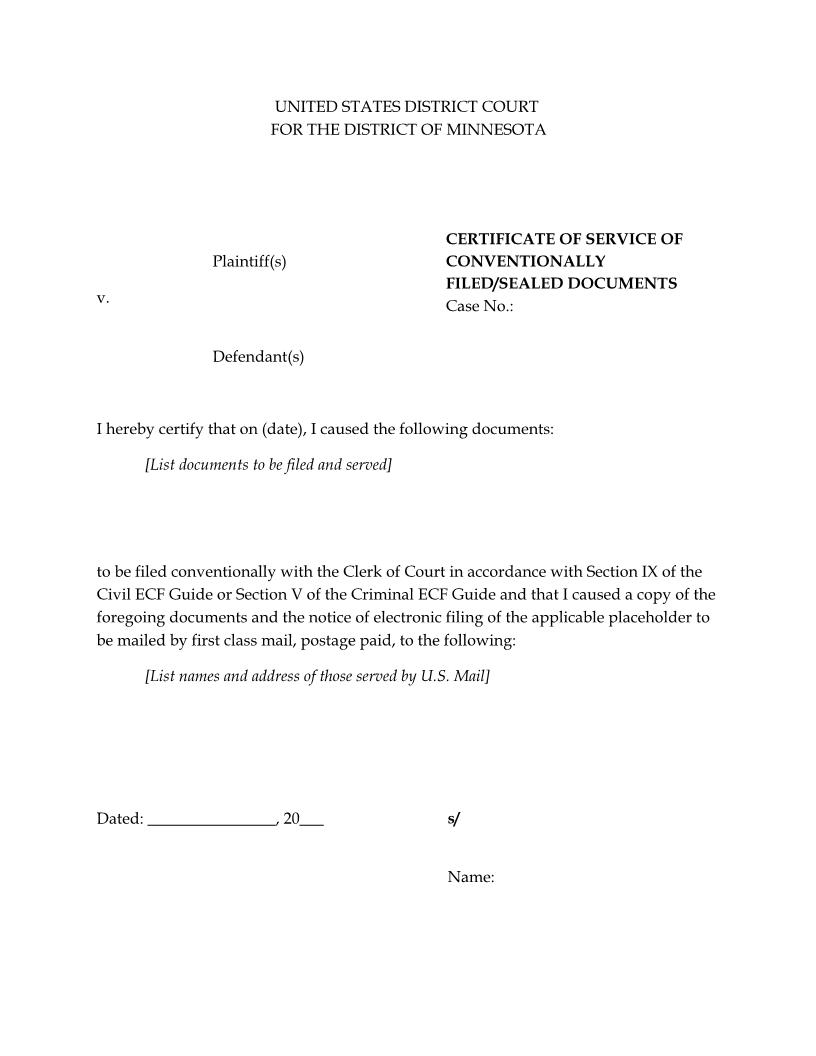 Certificate Of Service Of Conventionally Filed-Sealed Documents | Pdf Fpdf Doc Docx | Minnesota