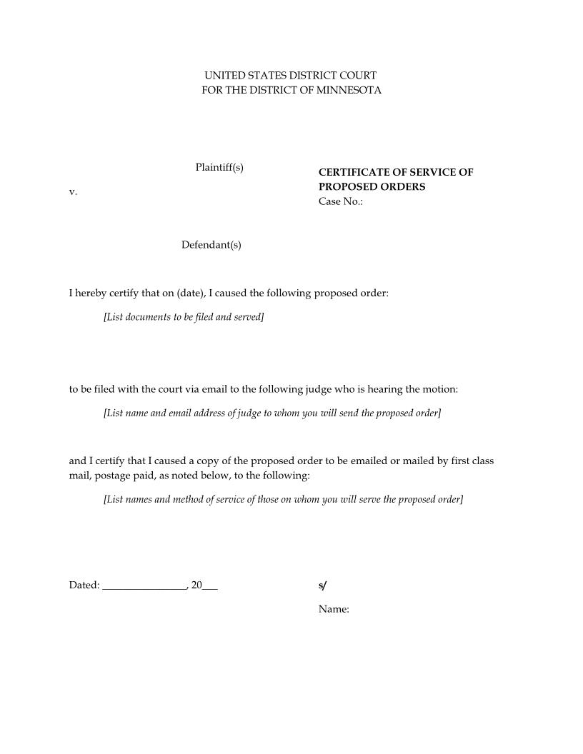 Certificate Of Service Of Proposed Orders | Pdf Fpdf Doc Docx | Minnesota