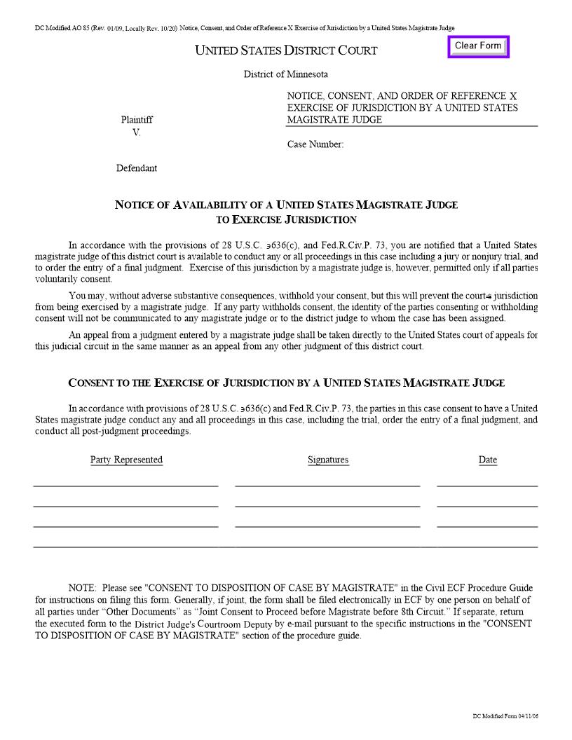Consent To Magistrate Judge | Pdf Fpdf Doc Docx | Minnesota