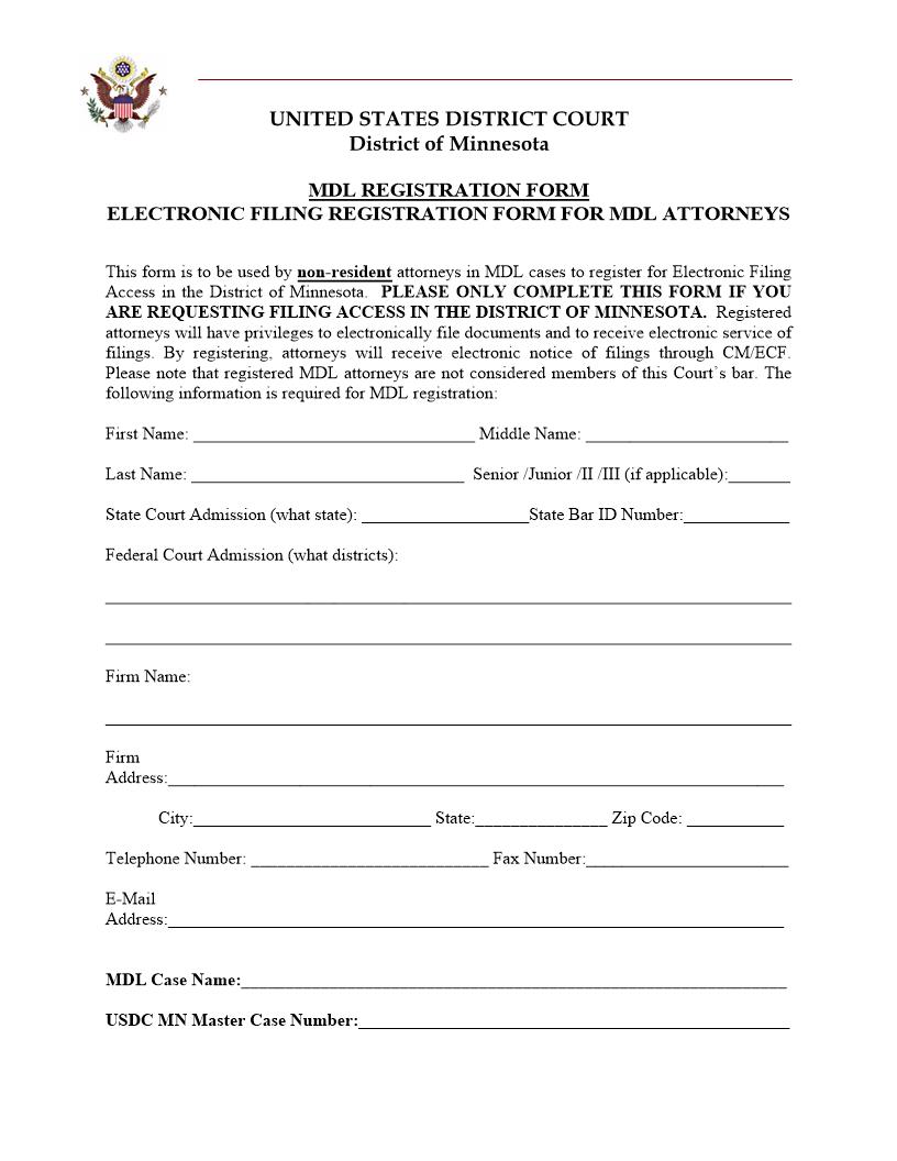 Electronic Filing Registration Form For MDL Attorneys | Pdf Fpdf Docx | Minnesota