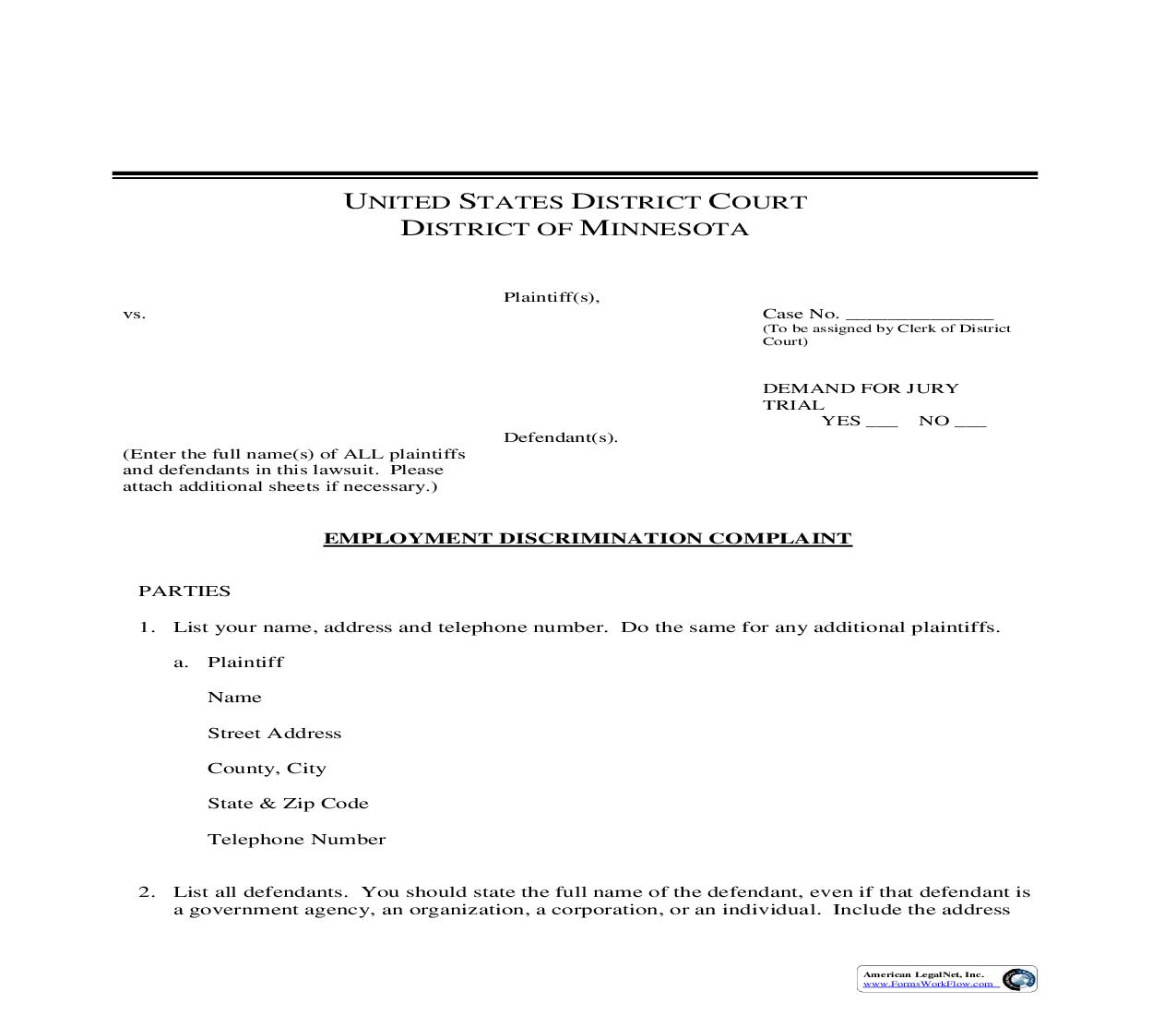 Employment Discrimination Complaint | Pdf Fpdf Doc Docx | Minnesota