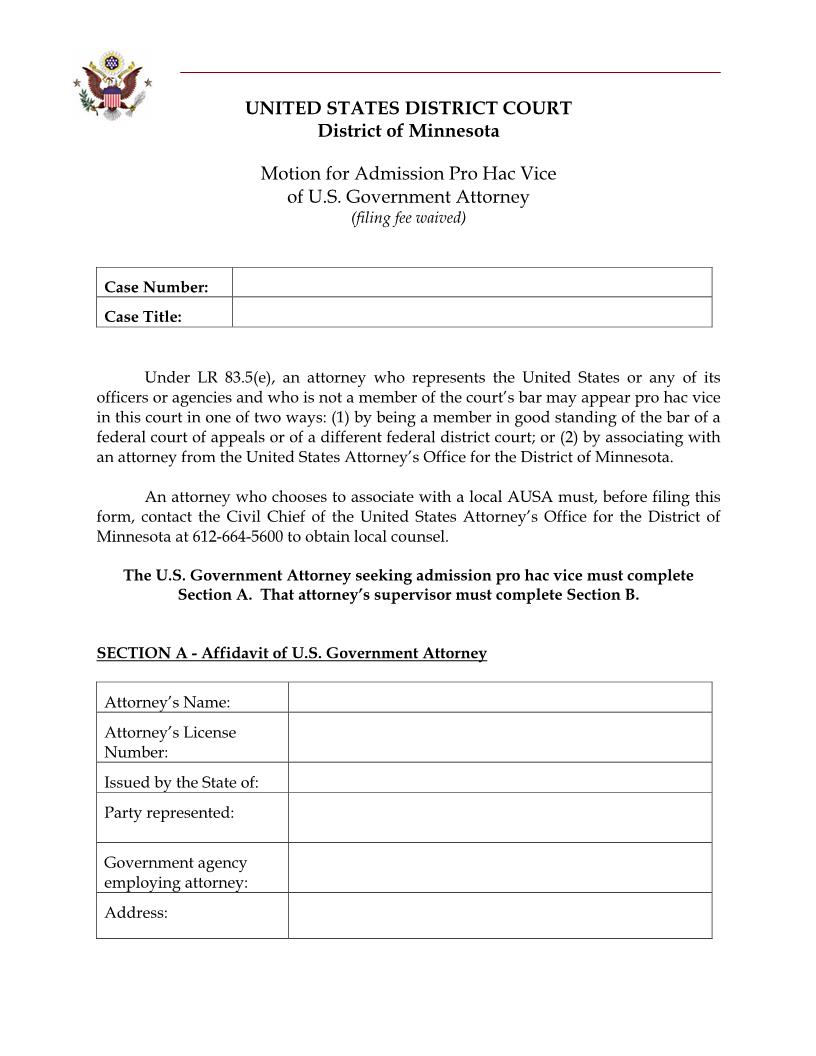 Motion For Admission Pro Hac Vice For US Government Attorney Use Only | Pdf Fpdf Docx | Minnesota