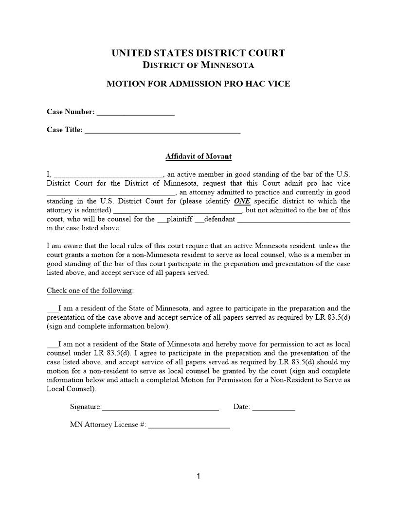 Motion For Admission Pro Hac Vice | Pdf Fpdf Docx | Minnesota