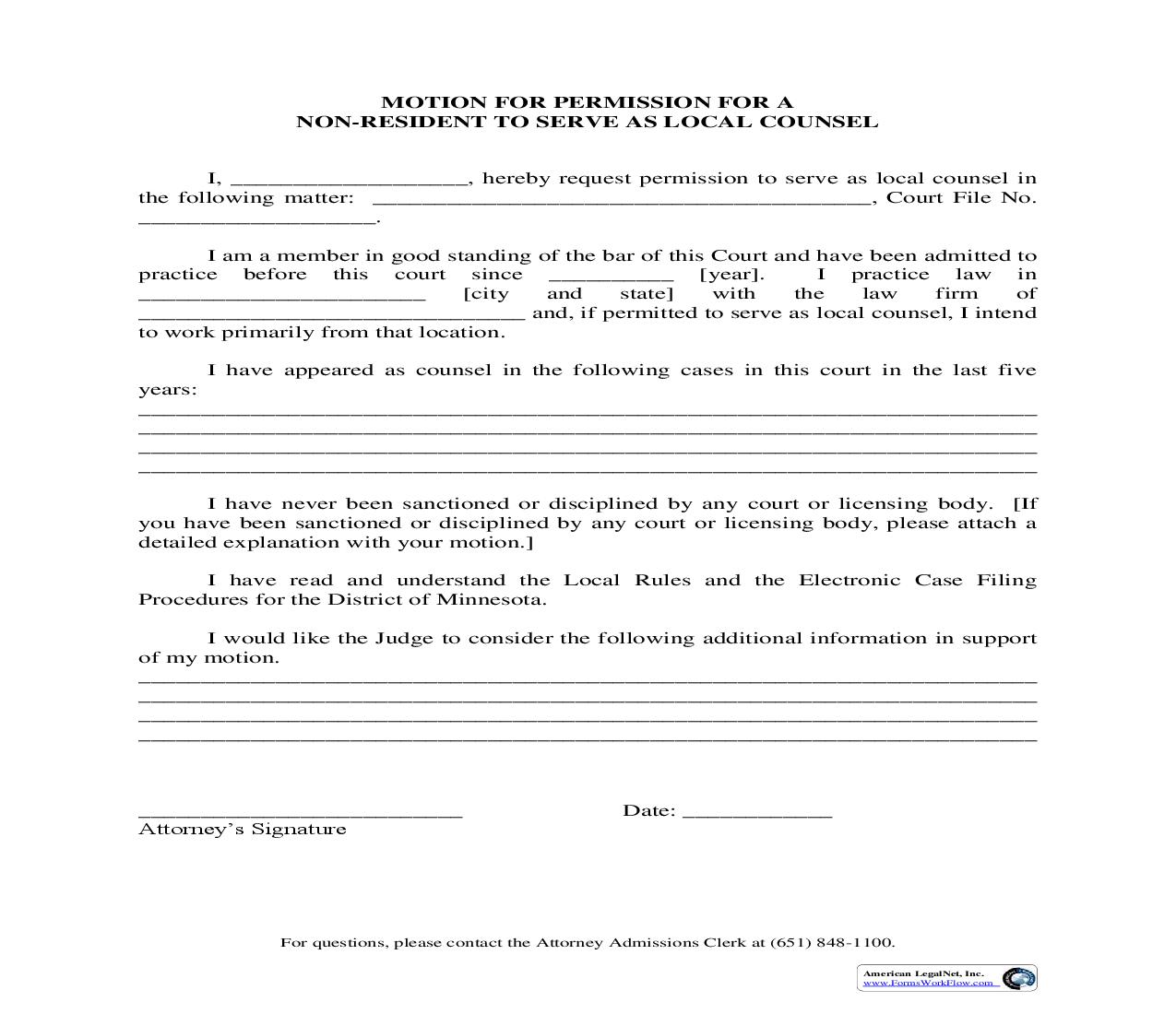 Motion For Non Resident To Serve As Local Counsel | Pdf Fpdf Doc Docx | Minnesota