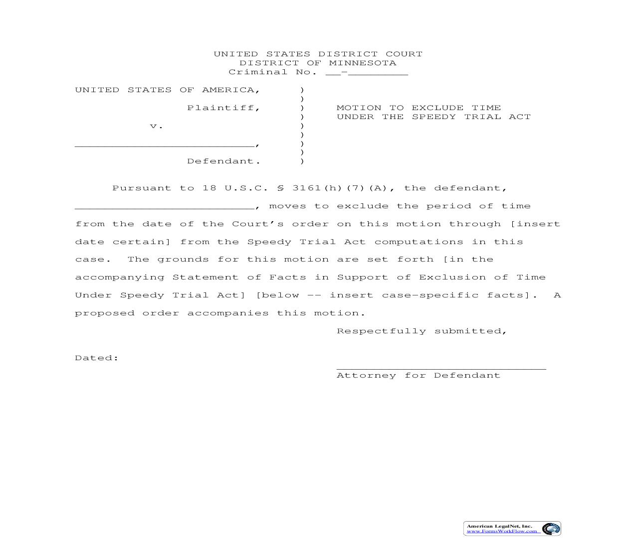 Motion To Exclude Time Under The Speedy Trial Act | Pdf Fpdf Doc Docx | Minnesota