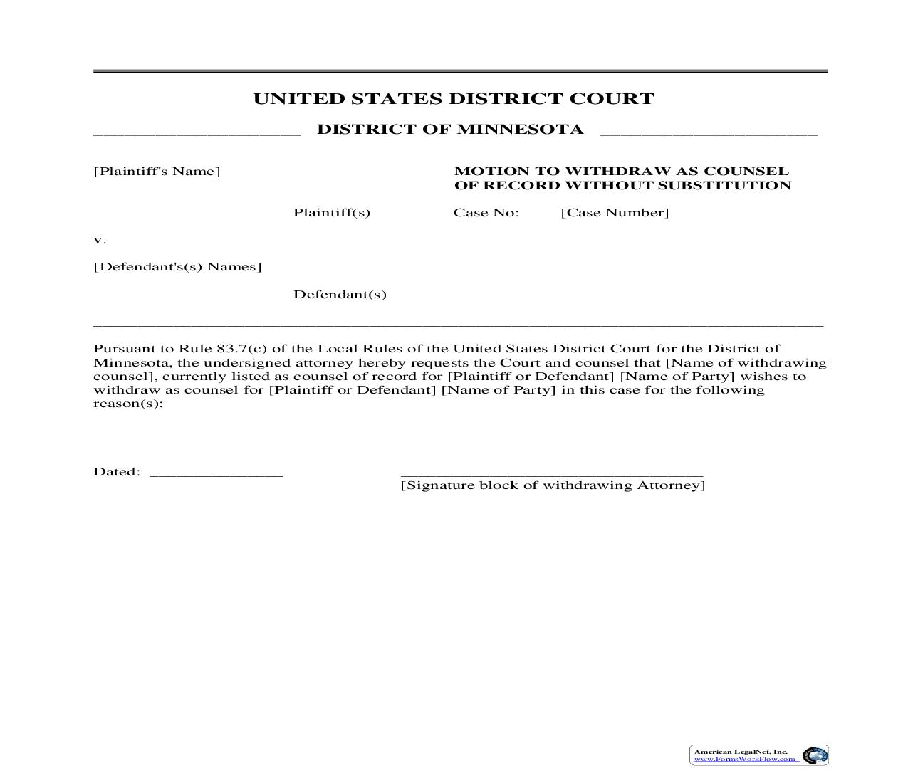 Motion To Withdraw As Counsel Of Record Without Substitution | Pdf Fpdf Doc Docx | Minnesota