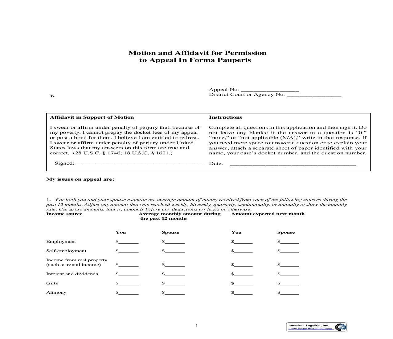 Motion and Affidavit for Permission to Appeal In Forma Pauperis | Pdf Fpdf Doc Docx | Minnesota