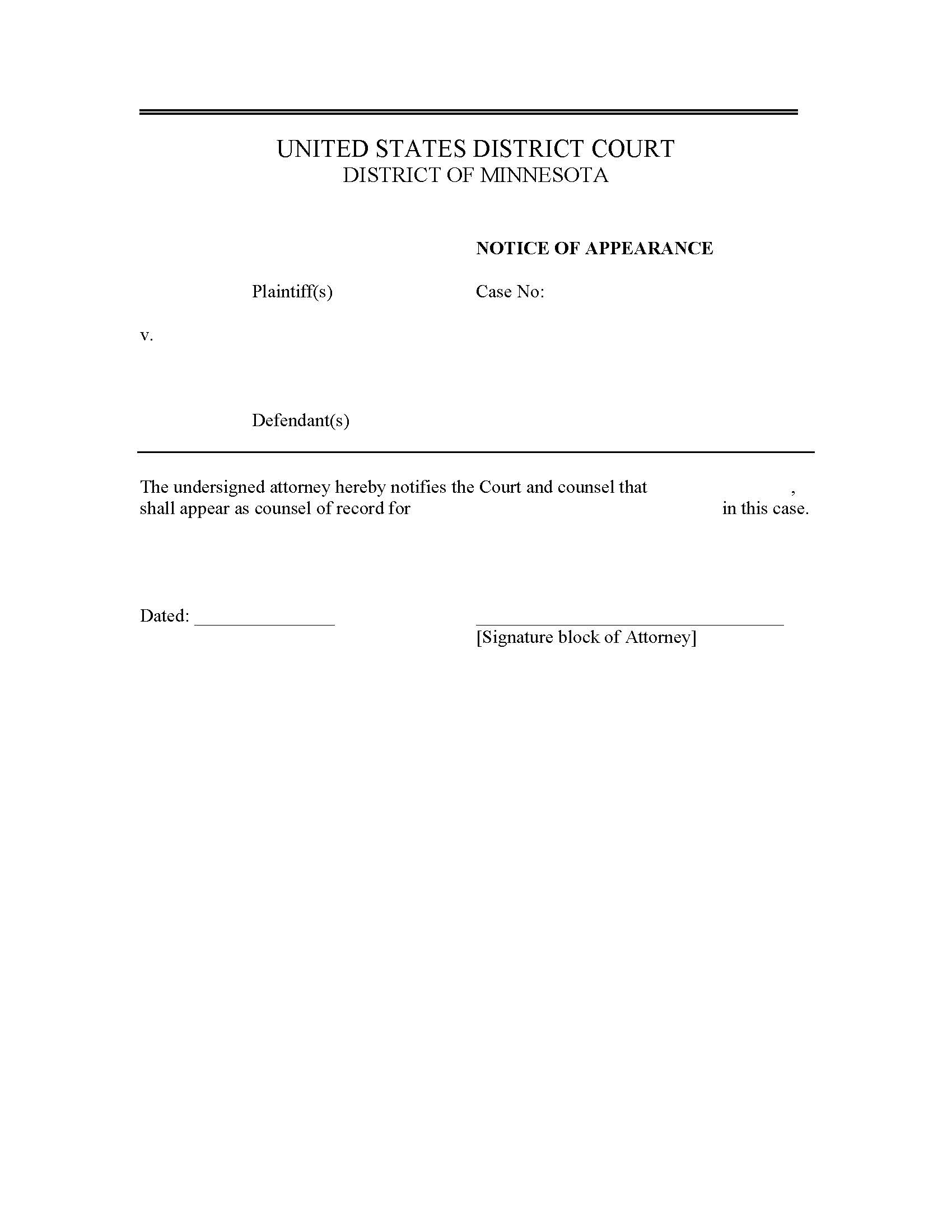 Notice Of Appearance | Pdf Fpdf Doc Docx | Minnesota