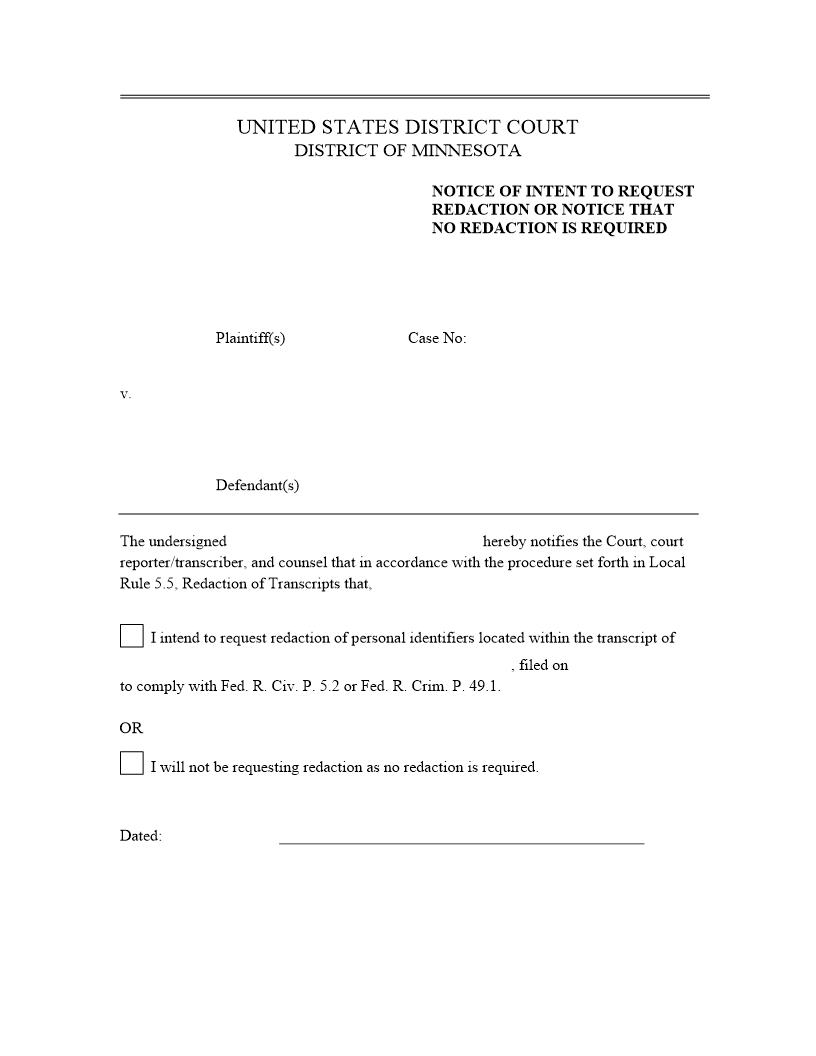 Notice Of Intent To Request Redaction | Pdf Fpdf Doc Docx | Minnesota