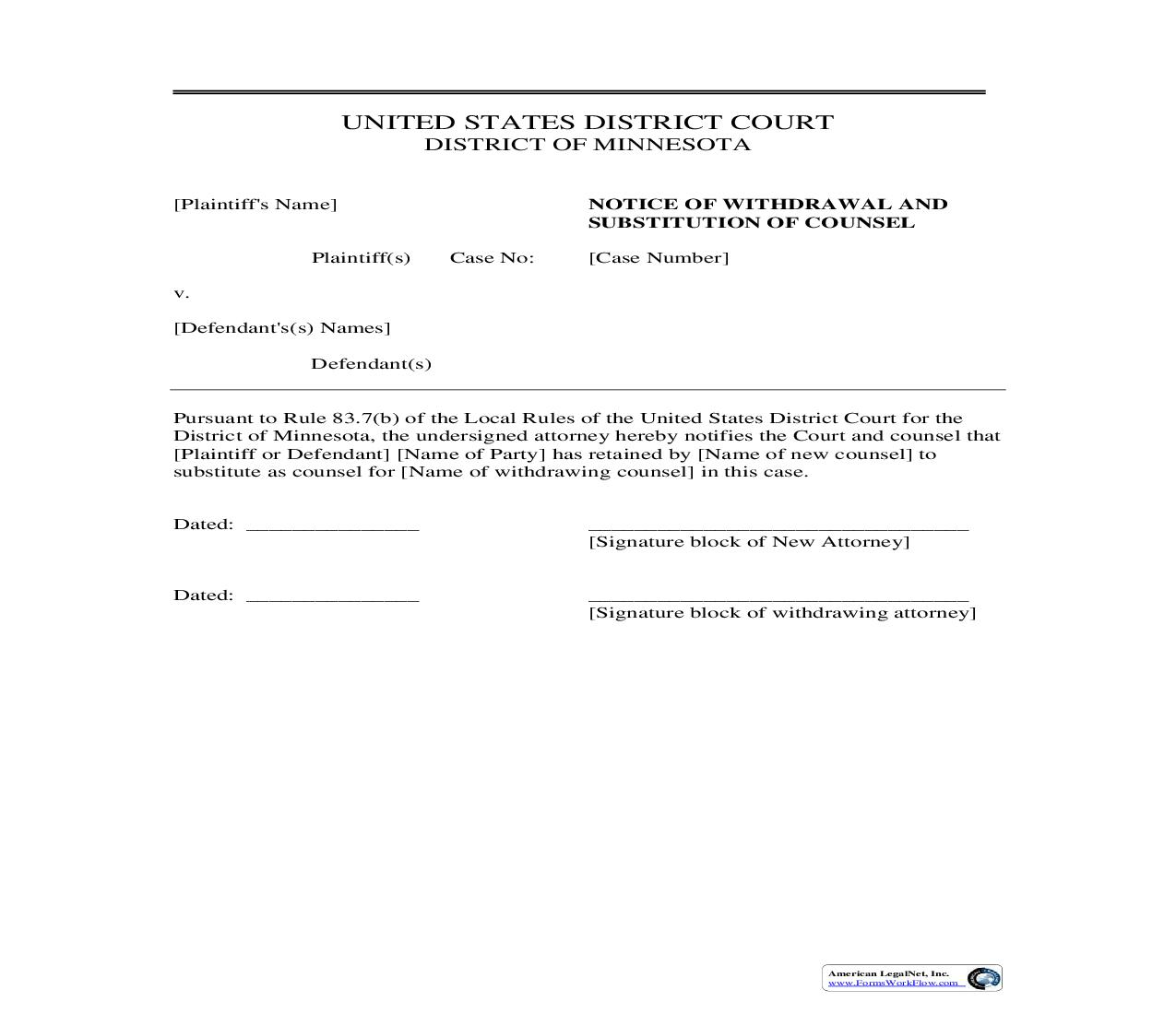 Notice Of Withdrawal And Substitution Of Counsel | Pdf Fpdf Doc Docx | Minnesota