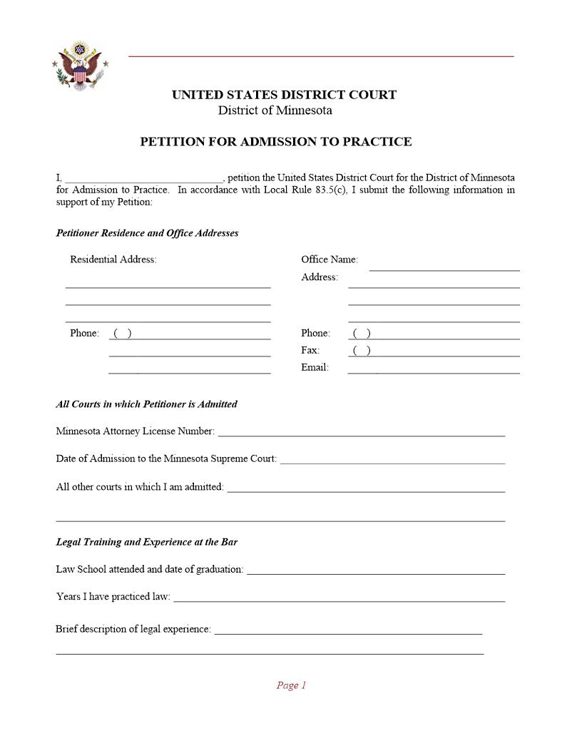 Petition For Admission To Practice | Pdf Fpdf Doc Docx | Minnesota