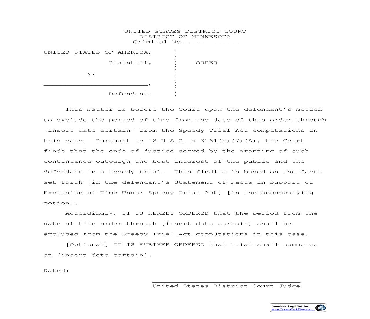 Proposed Order-Exclusion Of Time | Pdf Fpdf Doc Docx | Minnesota