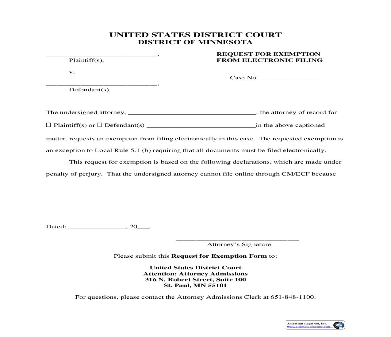 Request For Exemption From Electronic Filing | Pdf Fpdf Doc Docx | Minnesota