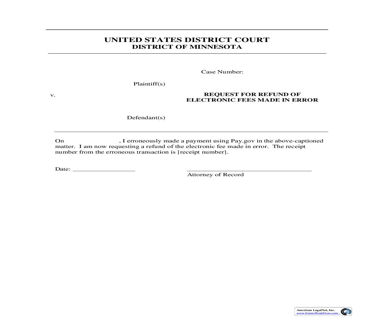 Request For Refund Of Electronic Fees Made In Error | Pdf Fpdf Doc Docx | Minnesota