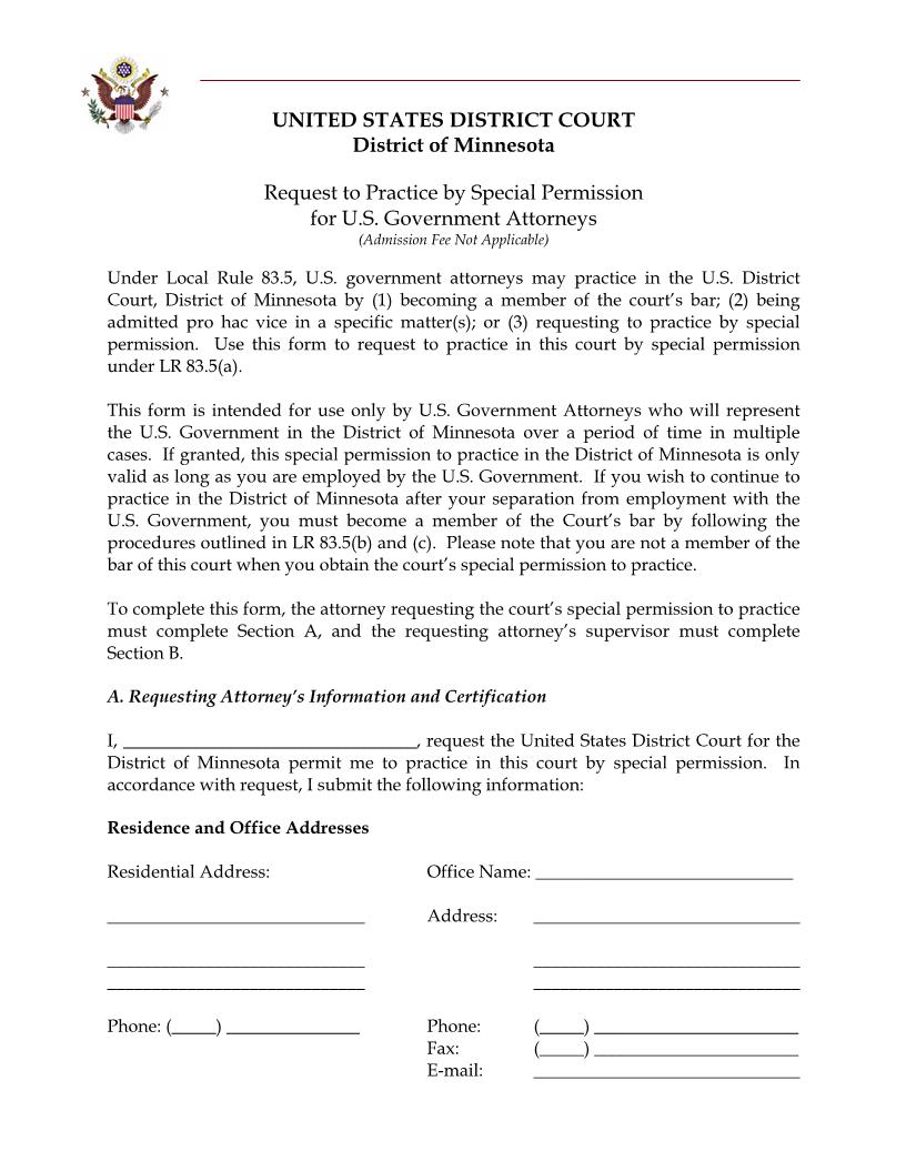 Request To Practice By Special Permission For US Govt Attys | Pdf Fpdf Docx | Minnesota