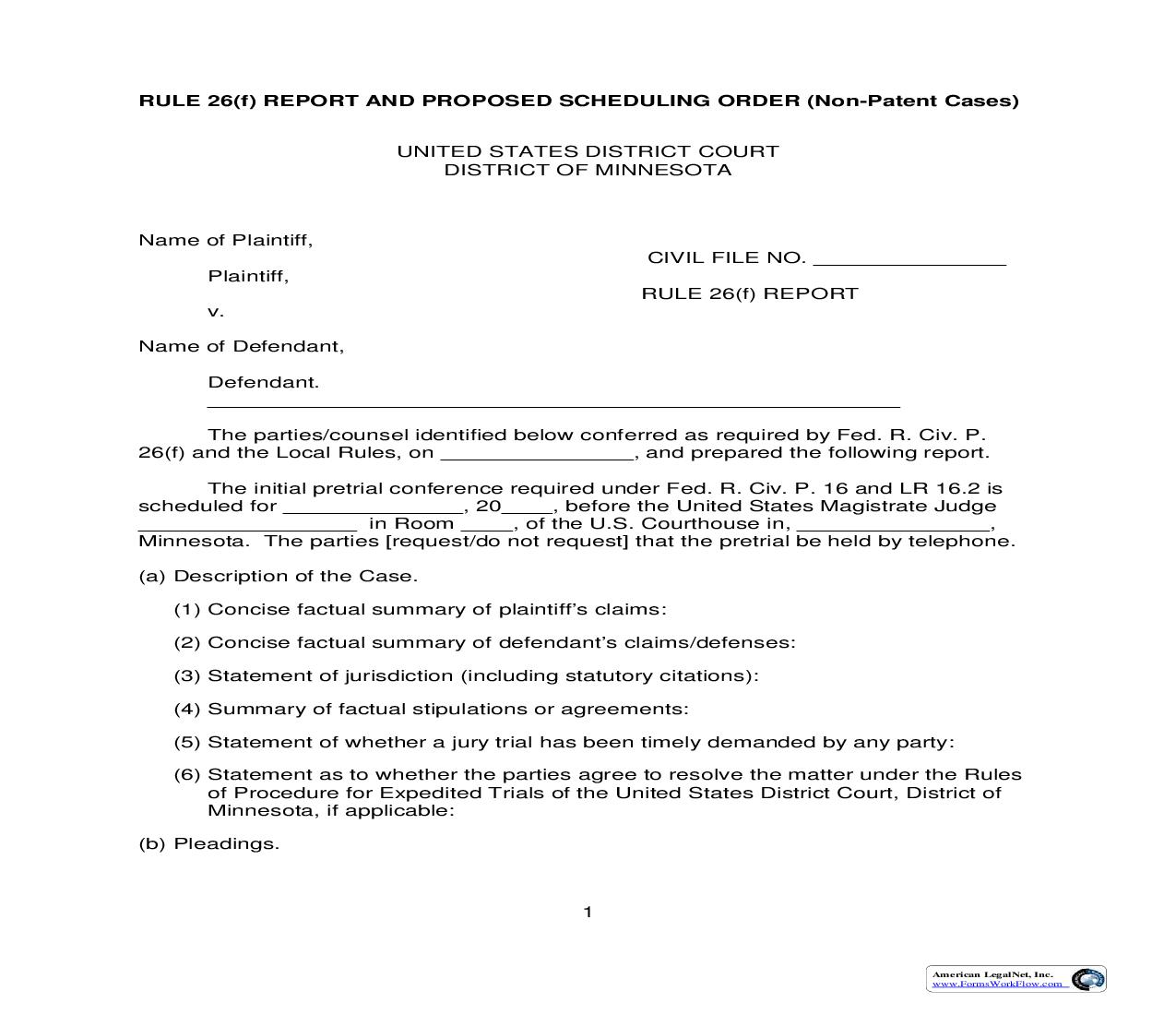 Rule 26(f) Report And Proposed Scheduling Order (Non-Patent Cases) | Pdf Fpdf Doc Docx | Minnesota