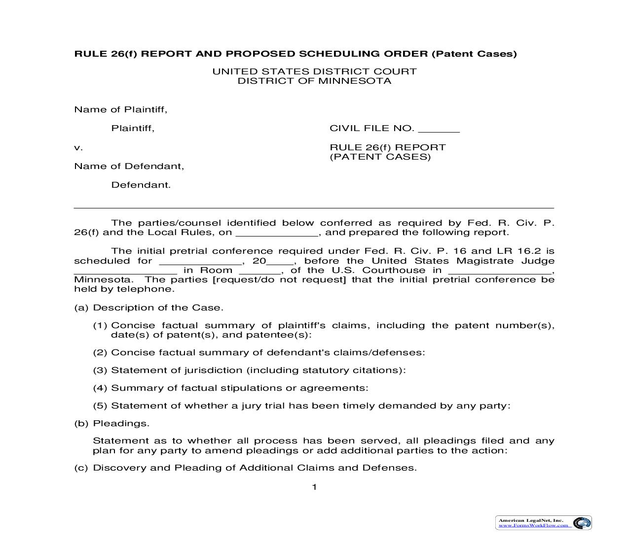 Rule 26(f) Report And Proposed Scheduling Order (Patent Cases) | Pdf Fpdf Doc Docx | Minnesota