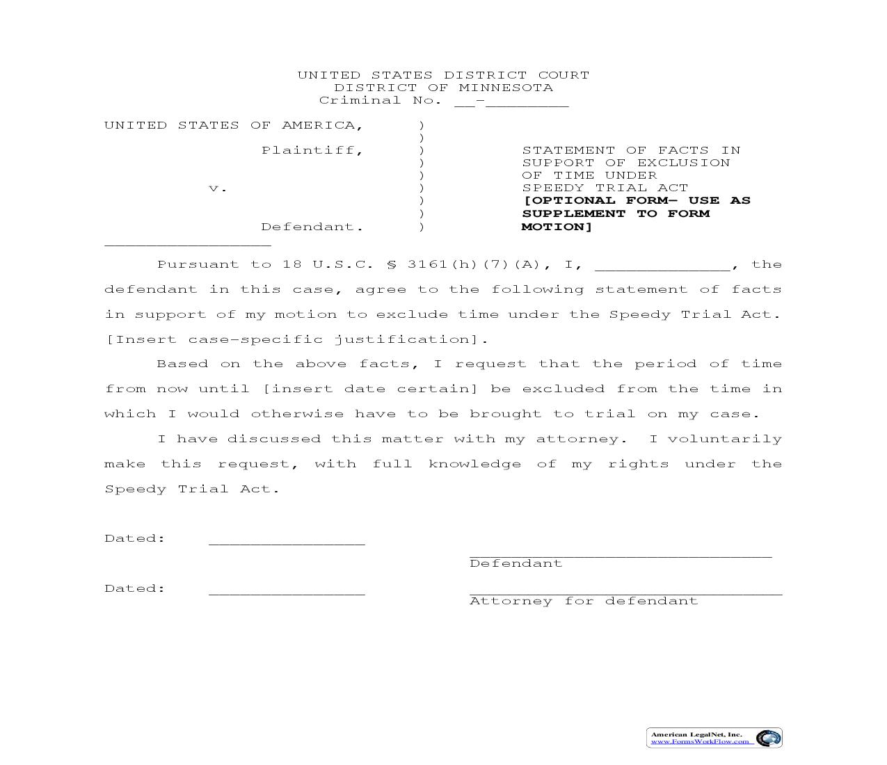 Statement Of Facts In Support Of Motion To Exclude Time | Pdf Fpdf Doc Docx | Minnesota