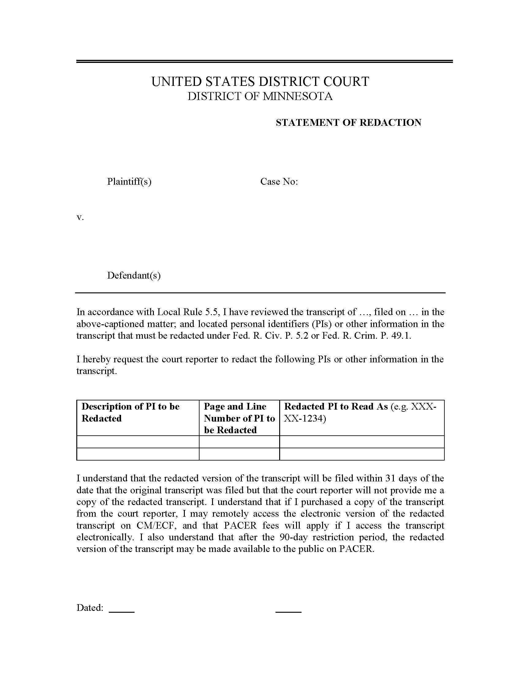 Statement Of Redaction | Pdf Fpdf Docx | Minnesota