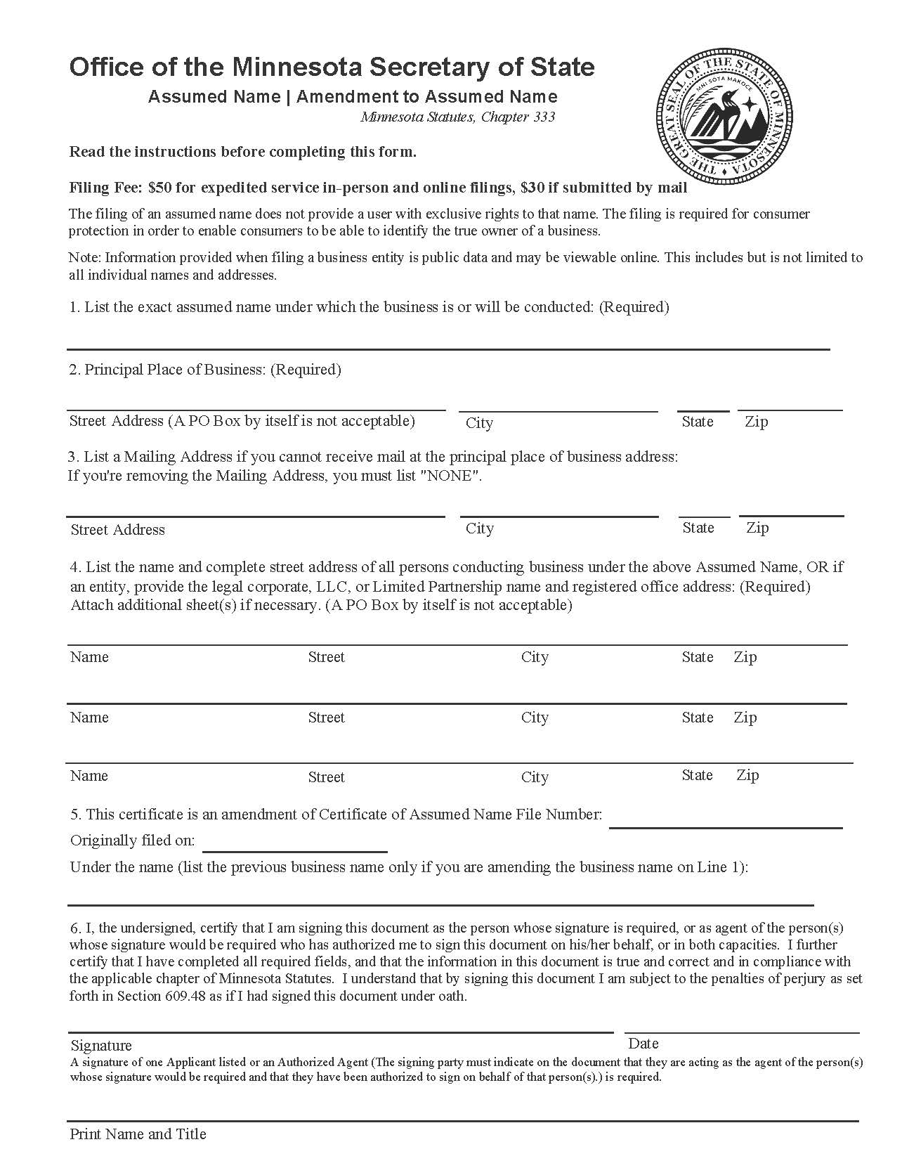 Amendment To Assumed Name | Pdf Fpdf Docx | Minnesota